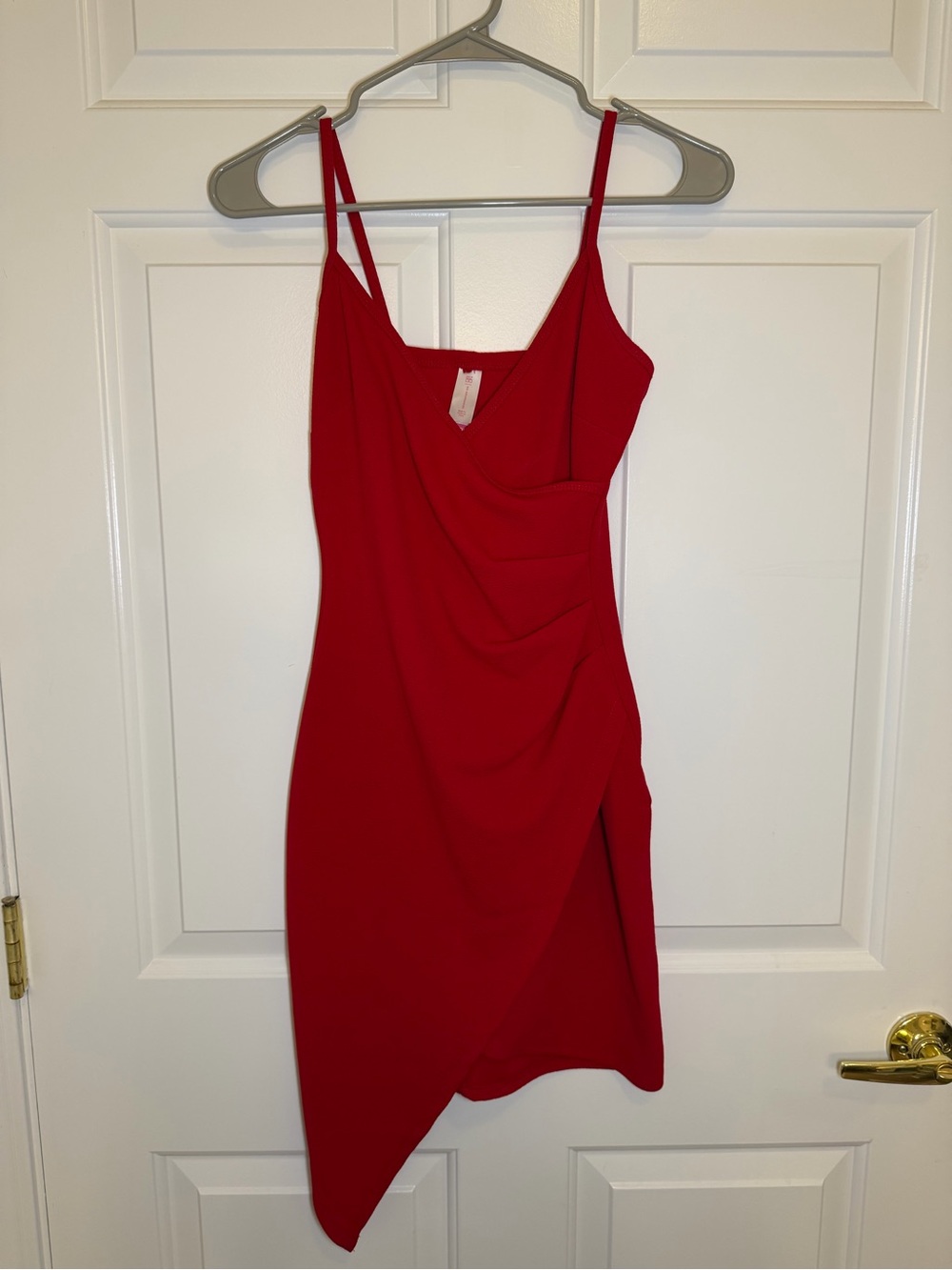 No Boundaries Red Asymmetric Slip Dress with Draped Side